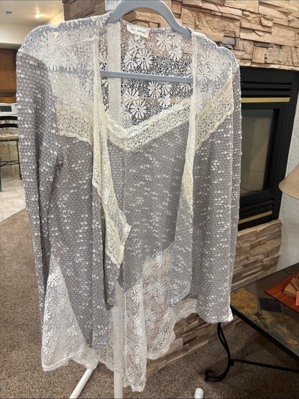 NEW Blu Planet Gray Lace-Trim Open Front Cardigan